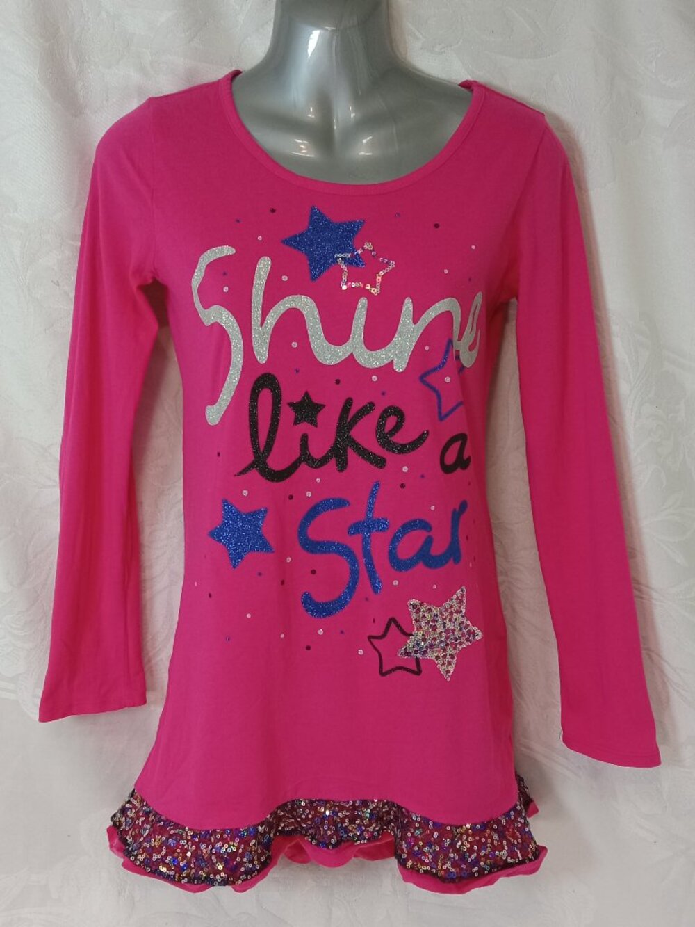 Justice T-Shirt Dress Size 12 Shine Like a Star Pink Sequin Sparkle Y2K